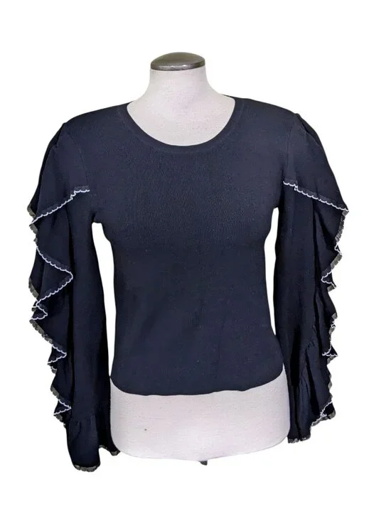 Club Monaco Women Black Sancerie Ruffle Long Sleeve Sweater Top Size Large - Picture 3 of 7